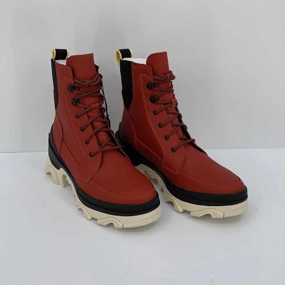 Sorel Brex lace-up boots warp red leather waterproof chunky platform shoe new 9 - Picture 3 of 6